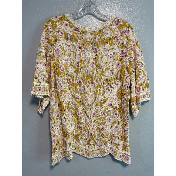 Solitaire Mustard Yellow and Rose Print Embroidered Cottage Core Blouse L - Picture 9 of 11
